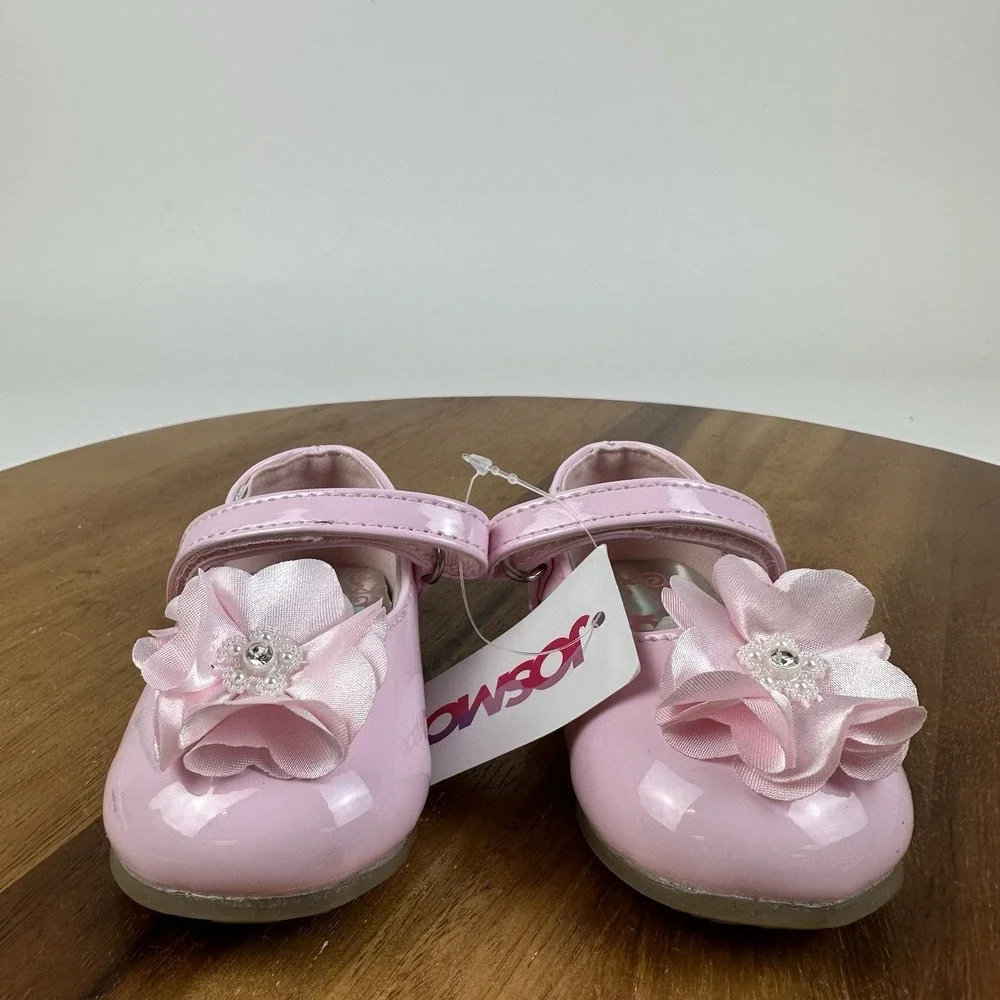 New NWT Baby Girls Josmo Pink Faux Patent Leather Floral Mary Jane Flats Size 3
